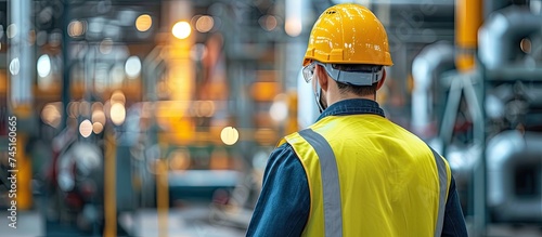 A man wearing a bright yellow safety vest and a hard hat is closely observing something beside equipment, facing away from the camera. He appears focused and engaged in his work.