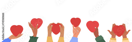 Human hands holding and giving red hearts. Concept of sharing love, compassion with people. Love symbols banner, poster