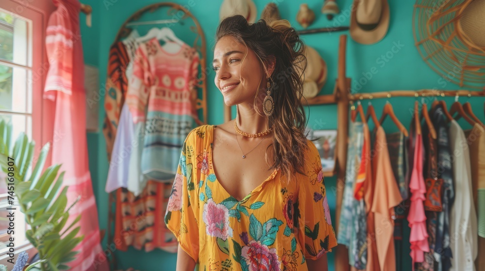 Fototapeta premium Stylish Young Woman with a Bright Smile Posing in a Boutique Clothing Store with Colorful Dresses and Hats