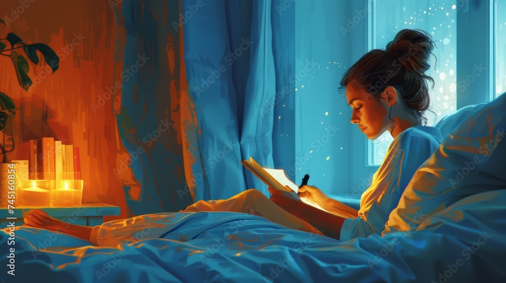 Fototapeta premium Young Woman Enjoying Reading a Book by Candlelight in Cozy Bedroom at Night, Peaceful Leisure at Home Illustration