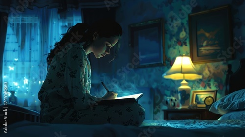 Young Woman Writing in Her Diary by Soft Lamp Light in a Cozy Bedroom at Night - Creative, Tranquil, and Intimate Moment