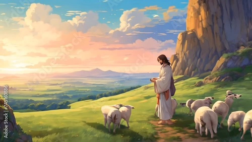 Jesus searches for the lost lamb, a metaphorical landscape where every obstacle represents a spiritual challenge, and every step a test of faith. photo