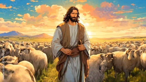 Jesus, the loving shepherd and a flock of sheep straying from safe pastures. the challenges the flock faces, the risks involved, and profound lessons about redemption and forgiveness. photo