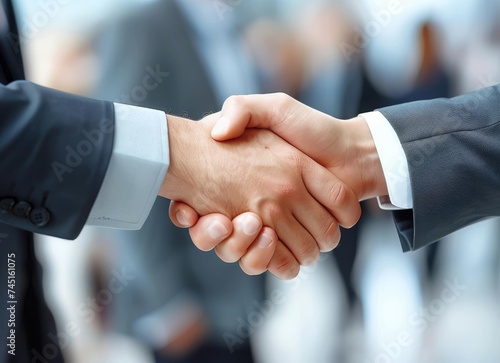 Close-up of two businessmen shaking hands, symbolizing agreement and partnership in a professional setting