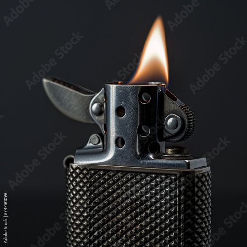fotografia de primer plano con detalle de llama en un mechero metalico, sobre fondo negro photo