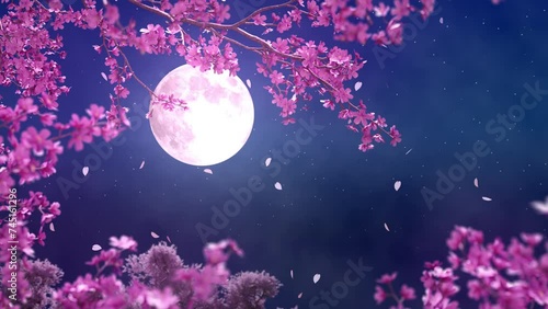 Moonlit Night Cherry Blossoms with Full Moon – Japanese Sakura Petals Falling, 4K Seamless Loop, Animated Background