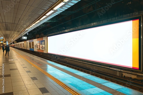 Railway station with a blank billboard. Ai generative © Mimix