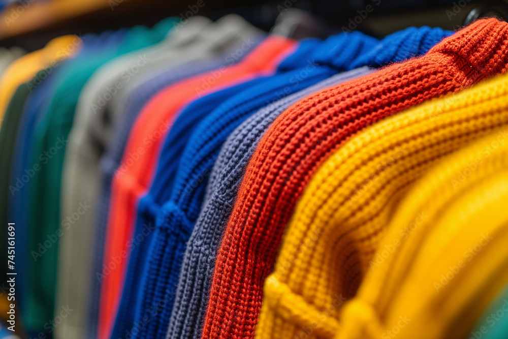 Warm clothing neatly folded. Row of colorful jumpers, cardigans, sweatshirts, sweaters, hoodies in showroom or store. AI Generative. Warm clothing neatly folded. Row of colorful jumpers, cardigans, sweatshirts, sweaters, hoodies in showroom or store. AI Generative.