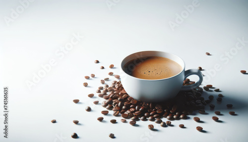 Ceramic coffee cup with espresso surrounded by roasted beans on a light background. Generative AI