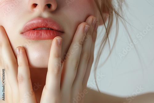 Closeup of woman lips and chin, touched by delicate hands, on a light background. Sensuality concept. Generative AI photo