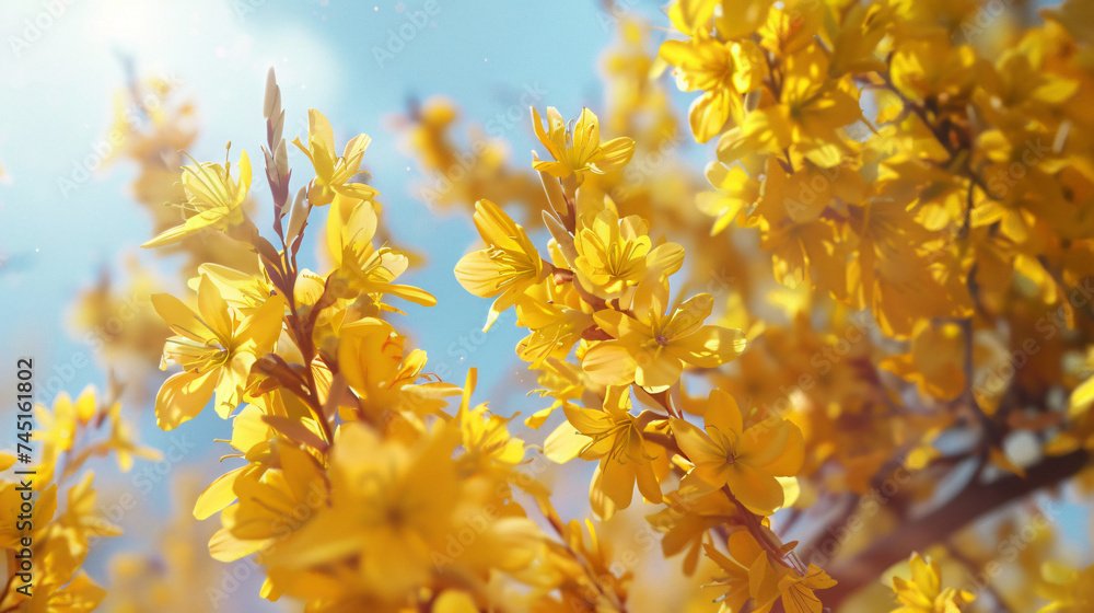 Forsythia bush exploding in vibrant yellow blooms. Forsythia bush exploding in vibrant yellow blooms.