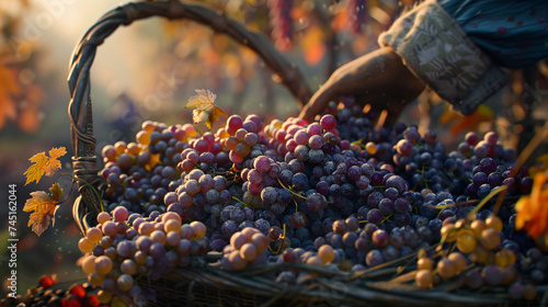 harvesting grapes and placing them in a traditional basket. 