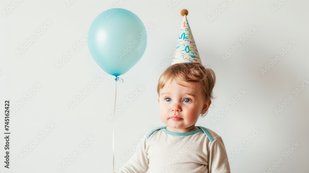 Little child in a cap on his birthday with a balloon on a white background