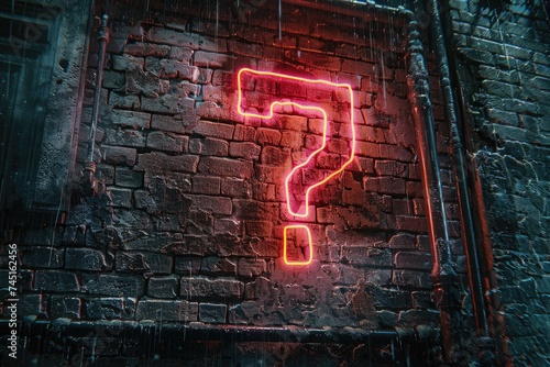 A vivid red neon question symbol that glows on a texture. Ai generative