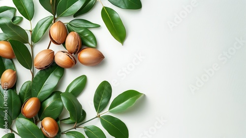 Argon nuts with green leaves isolated on white backdrop with leaves and a space for text or product, Generative AI.