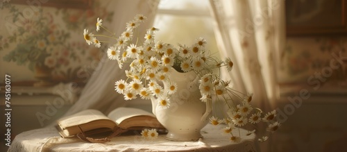 A bright white pitcher filled with fresh oxeye daisies sits on a wooden table next to an open book. The daisies contrast against the table, adding a pop of color to the room.