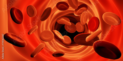 Blood cells in body. Background with erythrocytes. Red cells in blood. Erythrocytes float through tunnel. Blood circulation in human body. Bacteria living in organism. Texture, pattern. 3d image