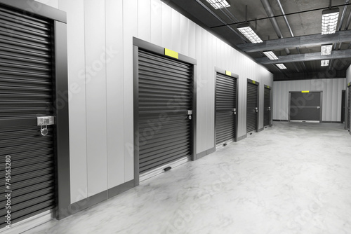 Storage containers inside building. Gate to warehouse cell is closed. Corridor with doors to storage containers. Warehouse company interior. Storage containers with black walls outside view. 3d image