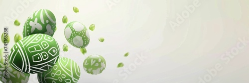 banner with Easter green eggs with patterns on a light blurred background