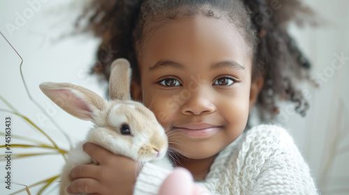smiling African American girl in white clothes holds an Easter bunny on a white background. friendship of a child and a pet. Close-up, copy space © IvaNad
