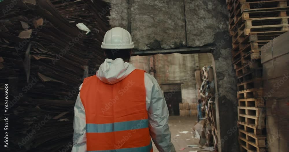 From behind, a brunette man in a white uniform and an orange vest in a White protective helmet walks along the racks with waste paper and goes out into the huge Hall of the waste recycling and sorting From behind, a brunette man in a white uniform and an orange vest in a White protective helmet walks along the racks with waste paper and goes out into the huge Hall of the waste recycling and sorting