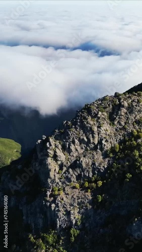 Vertical video 9:16 Madeira Portugal mountains hiking aerial drone helicopter panorama view trail path pathway