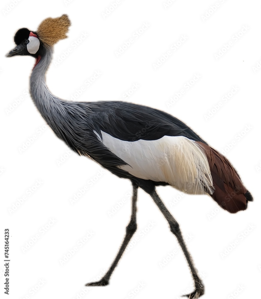 grey crowned crane walking in the grass, isolated on white grey crowned crane walking in the grass, isolated on white