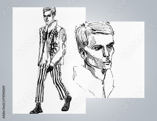 Portrait of young man. Drawing by hand with black ink on paper. Black and white artwork. Photo collage isolated on grey background.