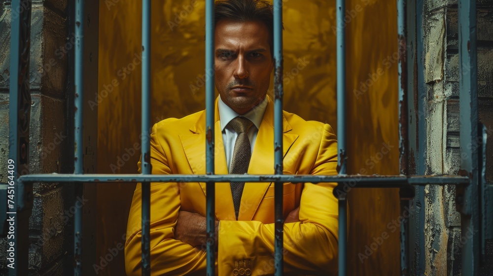 Stern-faced man in a tailored yellow suit crosses his arms behind the rusted bars of a prison, his gaze intense and challenging Stern-faced man in a tailored yellow suit crosses his arms behind the rusted bars of a prison, his gaze intense and challenging
