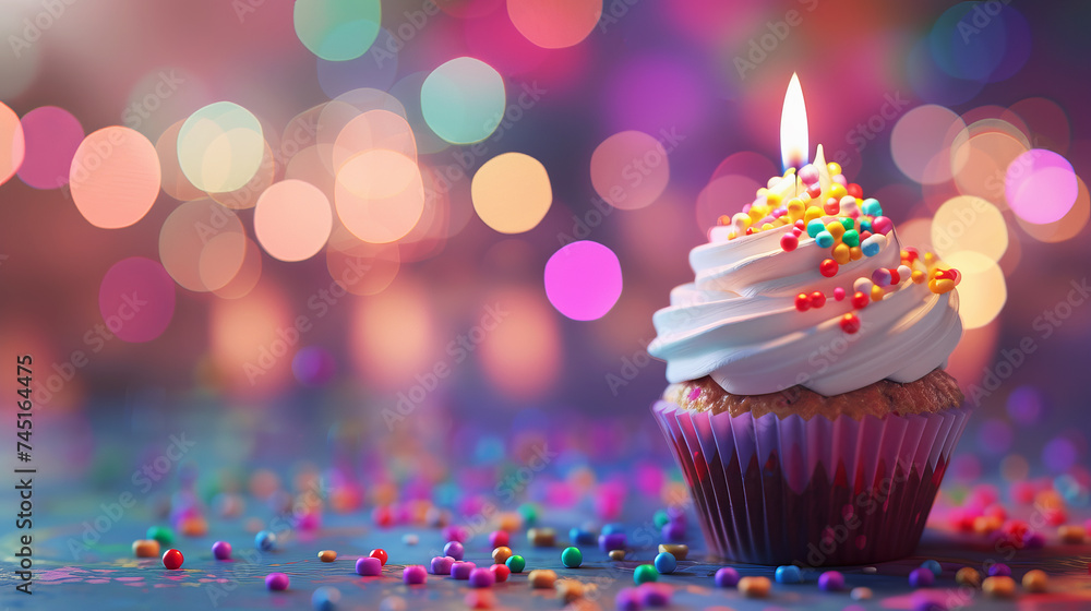 Cupcake with lit candle and vibrant bokeh lights, creating a festive atmosphere. Generative AI