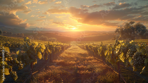 a sunset over a vast grape vineyard.
