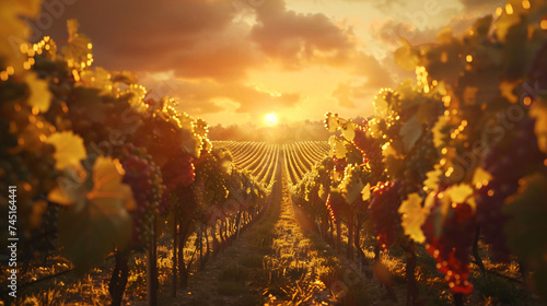 a sunset over a vast grape vineyard.