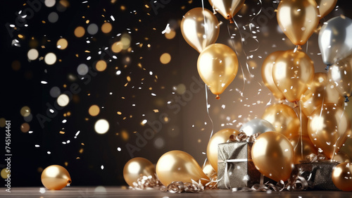 airy gold and yellow balloons with metallic glitter, gifts and confetti on blurred background