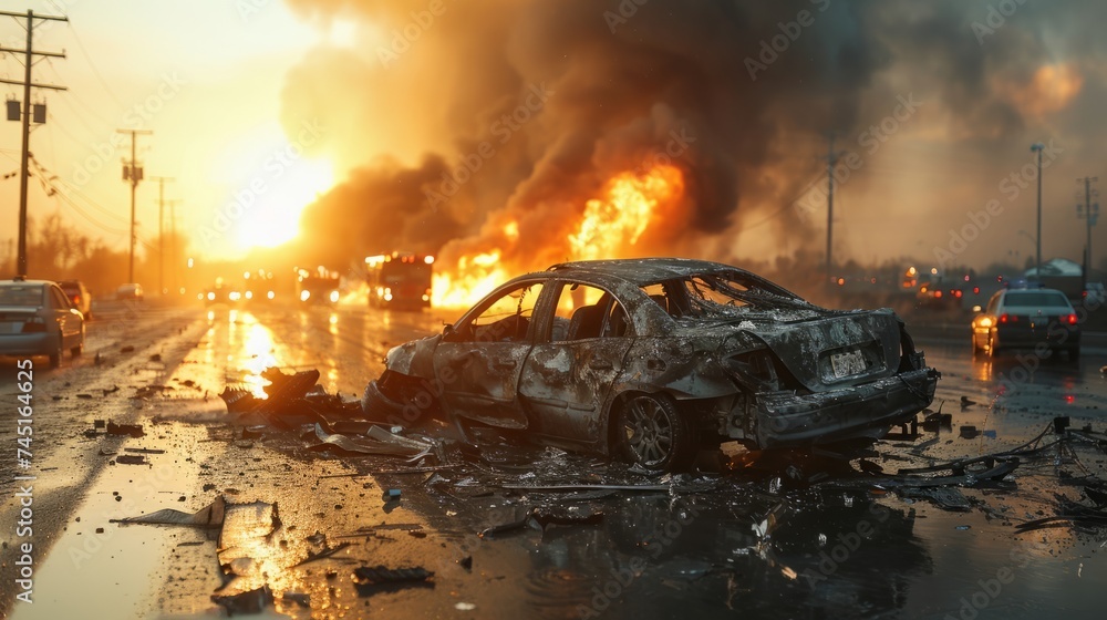 Fototapeta premium A highway crash leads to flaming cars. Burned and scattered vehicles in the aftermath.