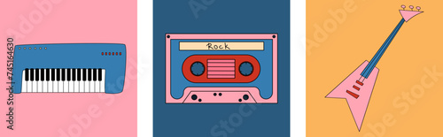 Musical instruments: electric guitar and synthesizer. Rock music on a cassette.
