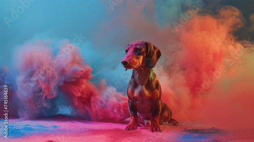 Vibrant Whimsy: A Dachshund Amidst a Color Explosion © Baechi Stock