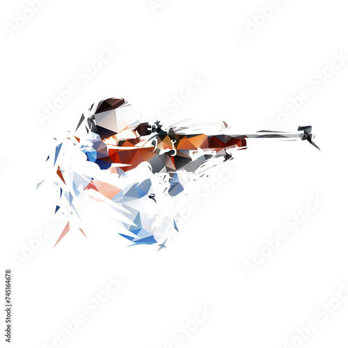 Biathlon, woman shooting, low poly isolated vector illustration. Geometric drawing from group of triangles photo