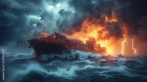 Experience the intensity of a striking image capturing a colossal cargo vessel navigating through a relentless open ocean storm, waves colliding with the ship's hull.