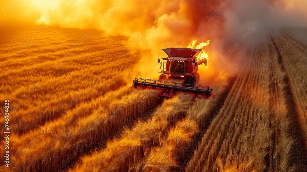 A combine harvester triggers a fire in a wheat field during harvest, leading to an urgent situation across vast agricultural terrain. - obrazy, fototapety, plakaty 