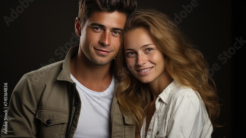 Portrait of a happy young couple smiling at camera isolated over black background