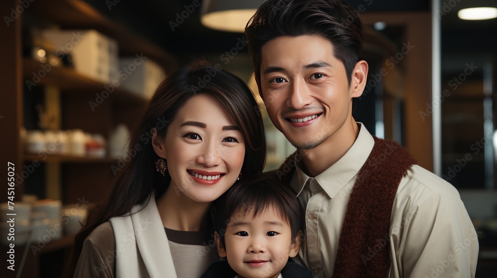 happy asian family with little son in living room at night time