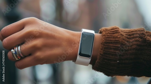 Woman's wrist wearing a smartwatch with a blank screen, fashionable rings, and a brown sweater. photo