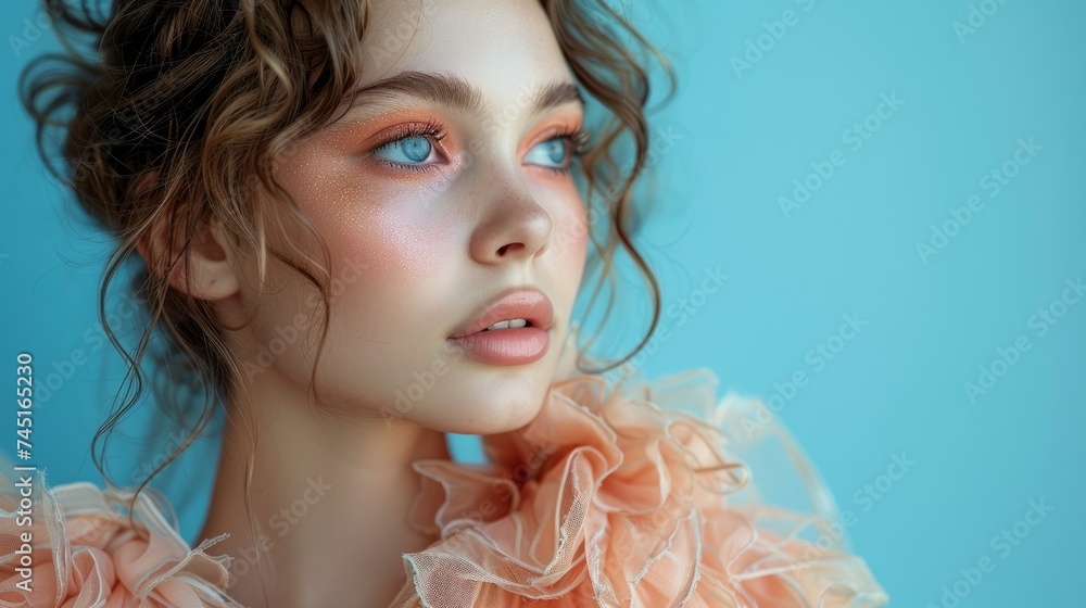 Image of a young lady in a peach dress against a blue background. Elegant outfit with stylish elements and a captivating expression. Image of a young lady in a peach dress against a blue background. Elegant outfit with stylish elements and a captivating expression.