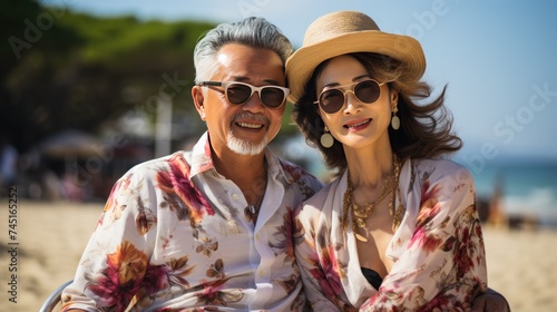 Portrait of happy senior couple in sunglasses sitting on bench on beach