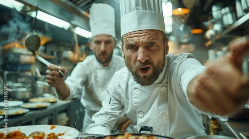 Two chefs express surprise and dissatisfaction when faced with an accusation regarding subpar service. They are outraged by the claim made against their work quality. photo
