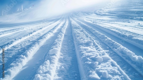 Freshly groomed ski tracks on a snowy landscape under a hazy blue sky. © Mickey