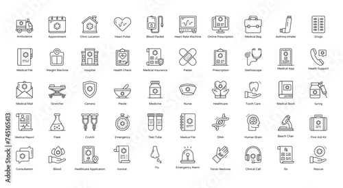Clinic Outline Icons Ambulance Healthcare Hospital  Iconset 50 Vector Icons in Black