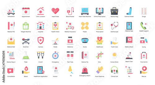 Clinic Flat Icons Ambulance Healthcare Hospital  Iconset 50 Vector Icons