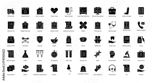 Clinic Glyph Icons Ambulance Healthcare Hospital  Iconset 50 Vector Icons in Black