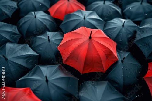 One red umbrella stands out among many black umbrellas. Concept of individuality and standing out.